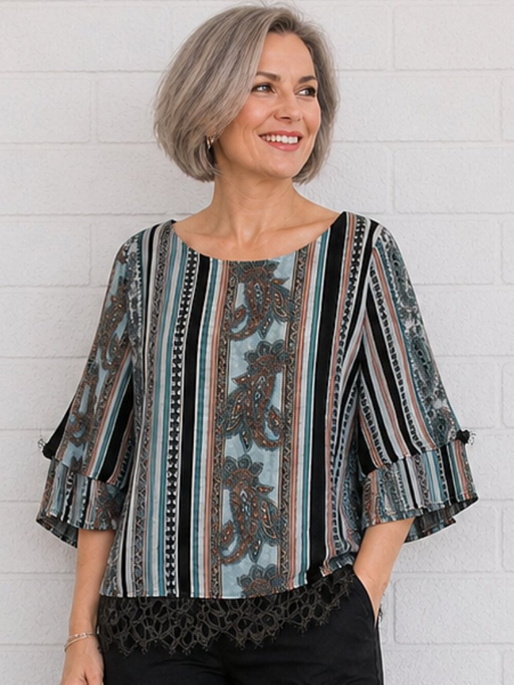 Chico's 2 L 12 14 Colorful Paisley Striped Tiered Sleeves Layered Look Top